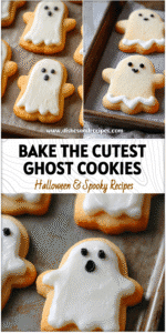 Cute ghost-shaped sugar cookies decorated with white icing on a Halloween baking tray.
